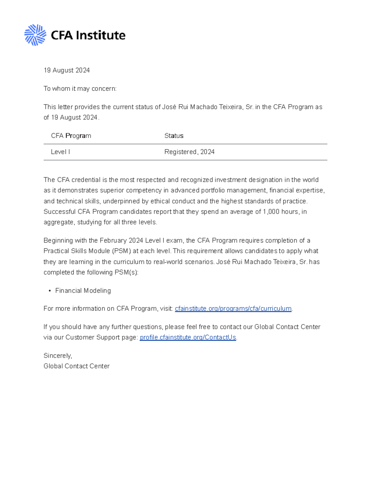 CFA Program Verification Letter - 19 August 2024 To whom it may concern ...