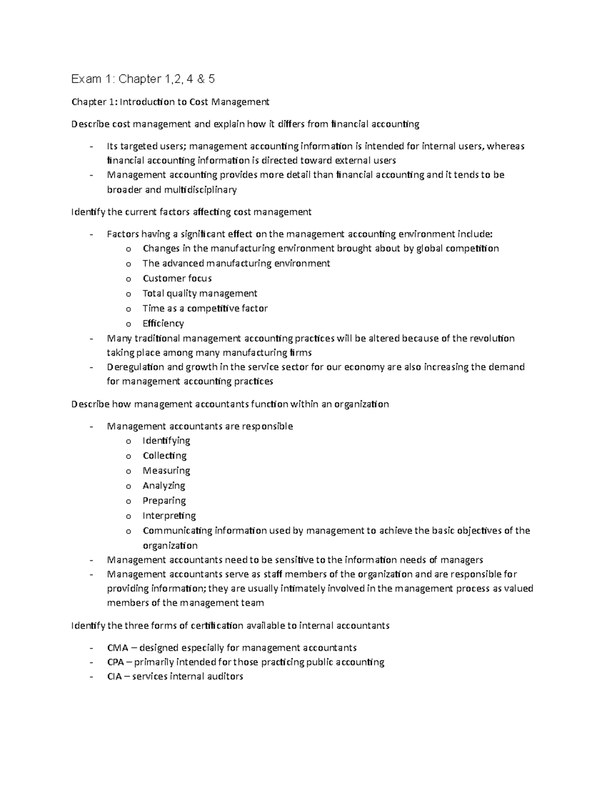 Review For Exam 1 - Exam 1: Chapter 1,2, 4 5 Chapter 1: Introduction to ...