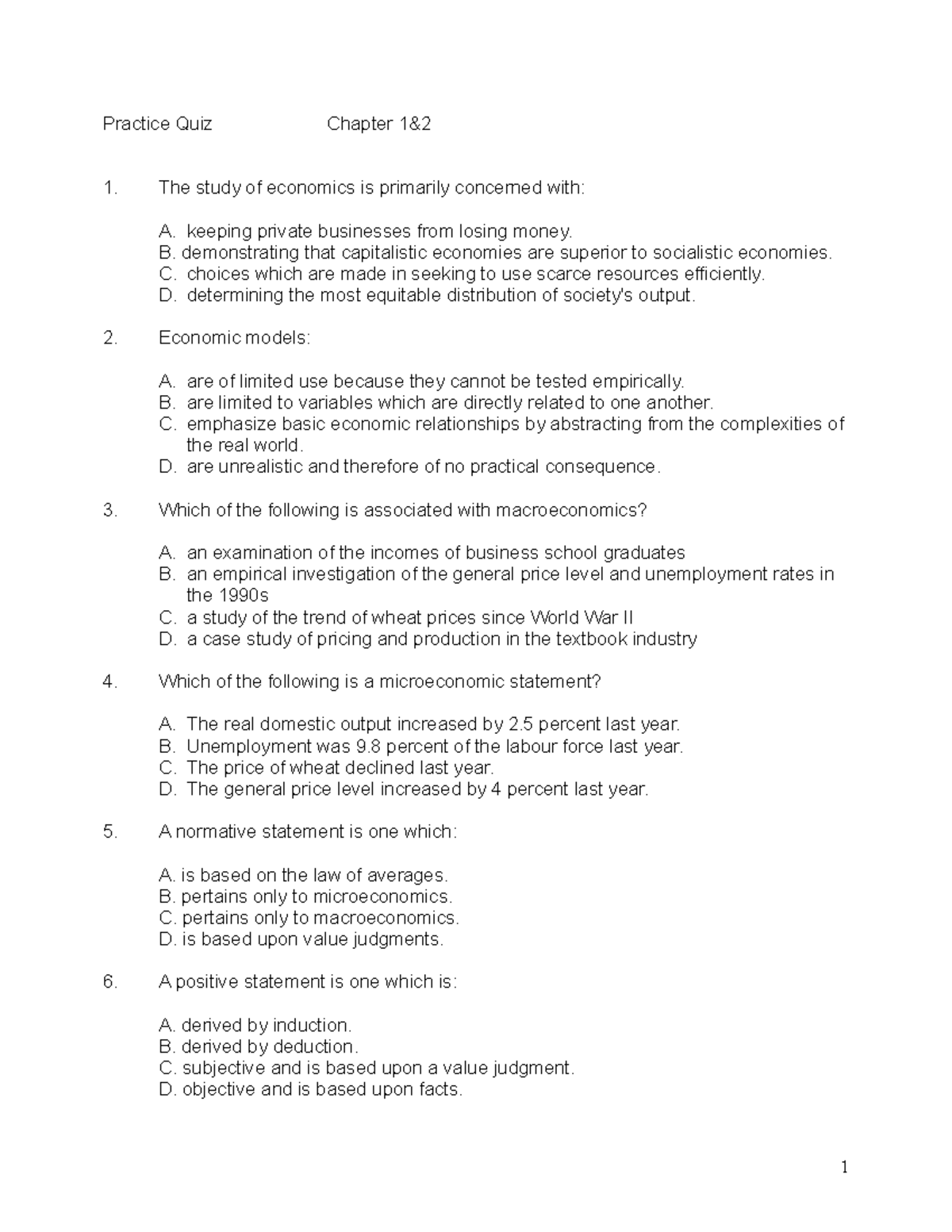 Chapter 1/2 Practice Quiz + Answers - Practice Quiz Chapter 1& The ...