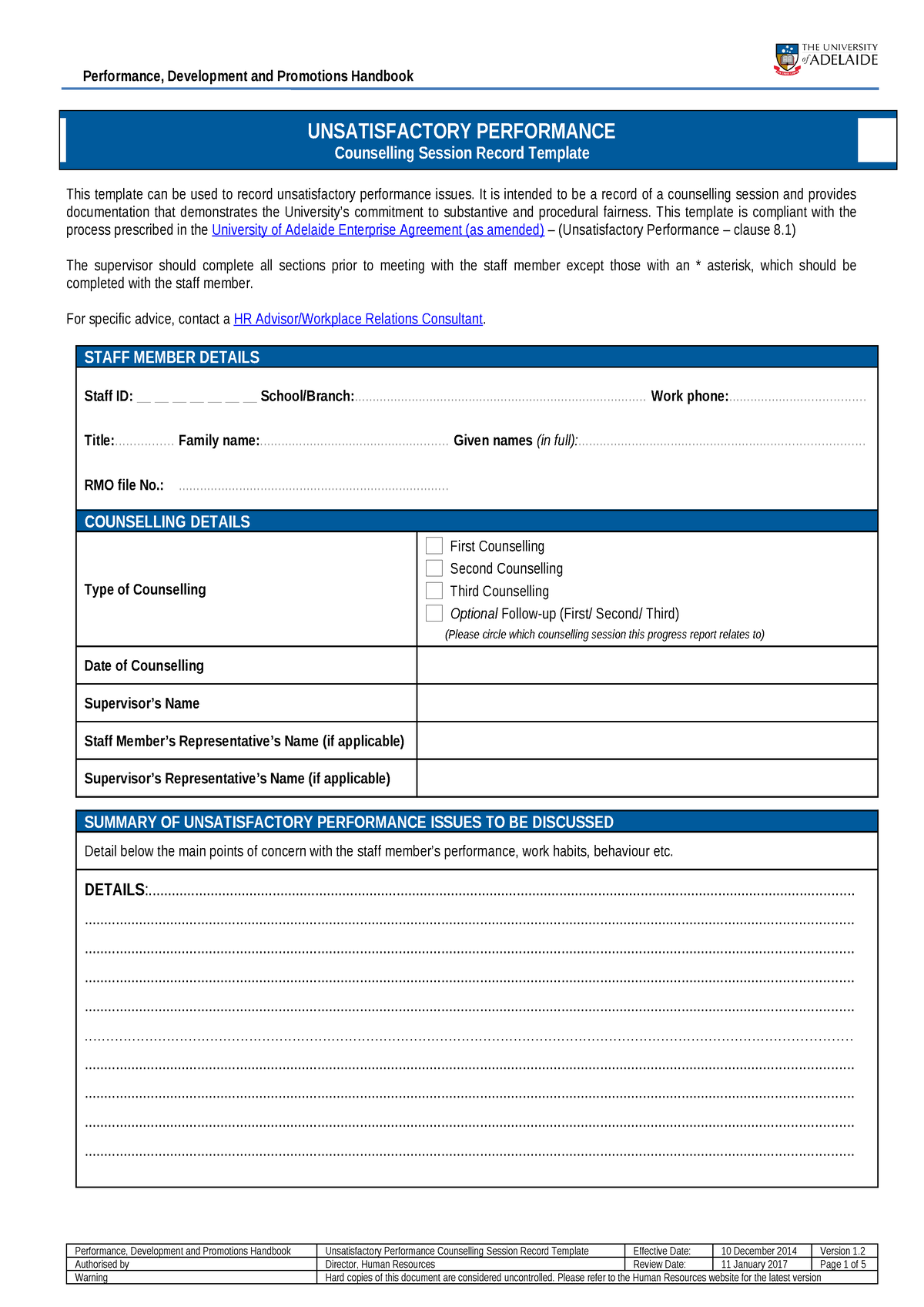 Pdp pdr unsat performance form - UNSATISFACTORY PERFORMANCE Counselling ...