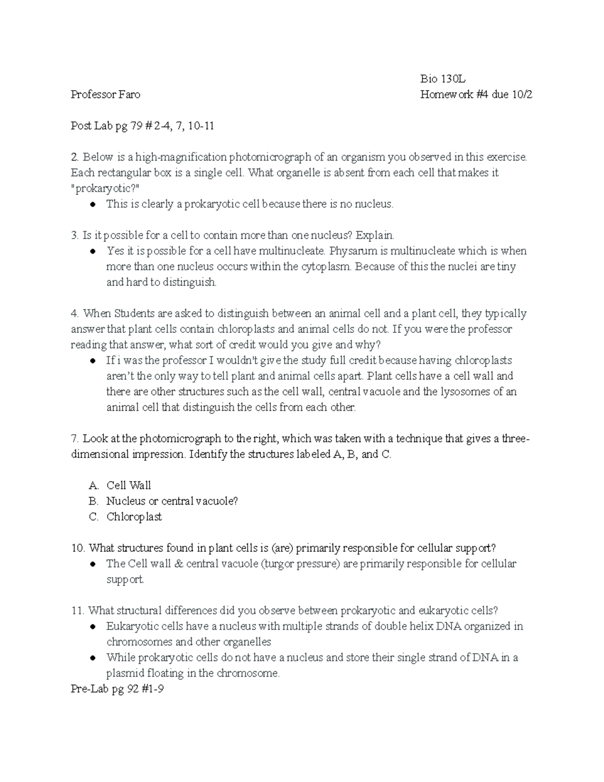 Bio 130L Homework #4 Professor Faro - Bio 130L Professor Faro Homework ...