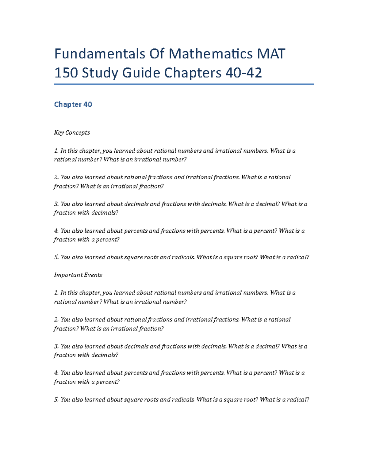 Fundamentals Of Mathematics MAT 150 Study Guide Chapters 40-42 - What ...
