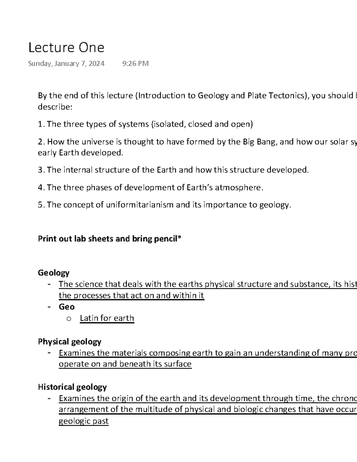 Lecture One - By the end of this lecture (Introduction to Geology and ...