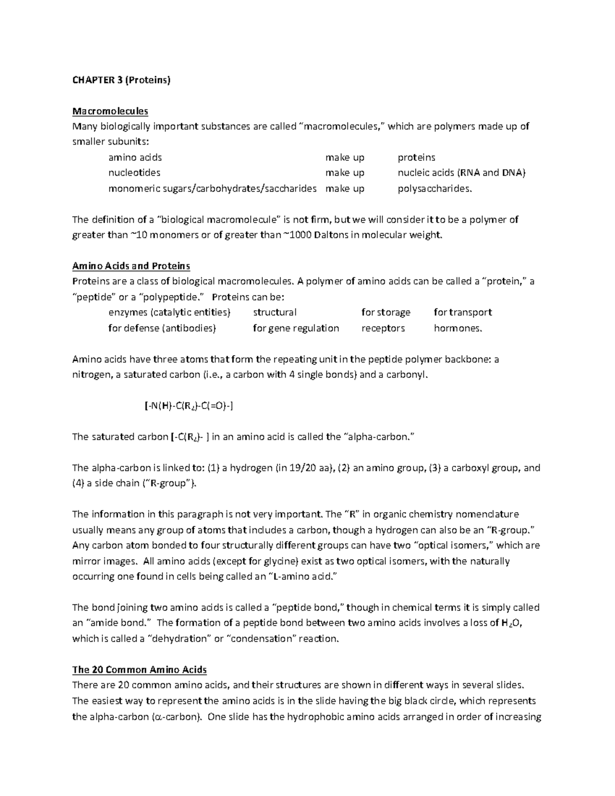 Lecture notes 3 chapter 3 notes - CHAPTER 3 (Proteins) Macromolecules ...