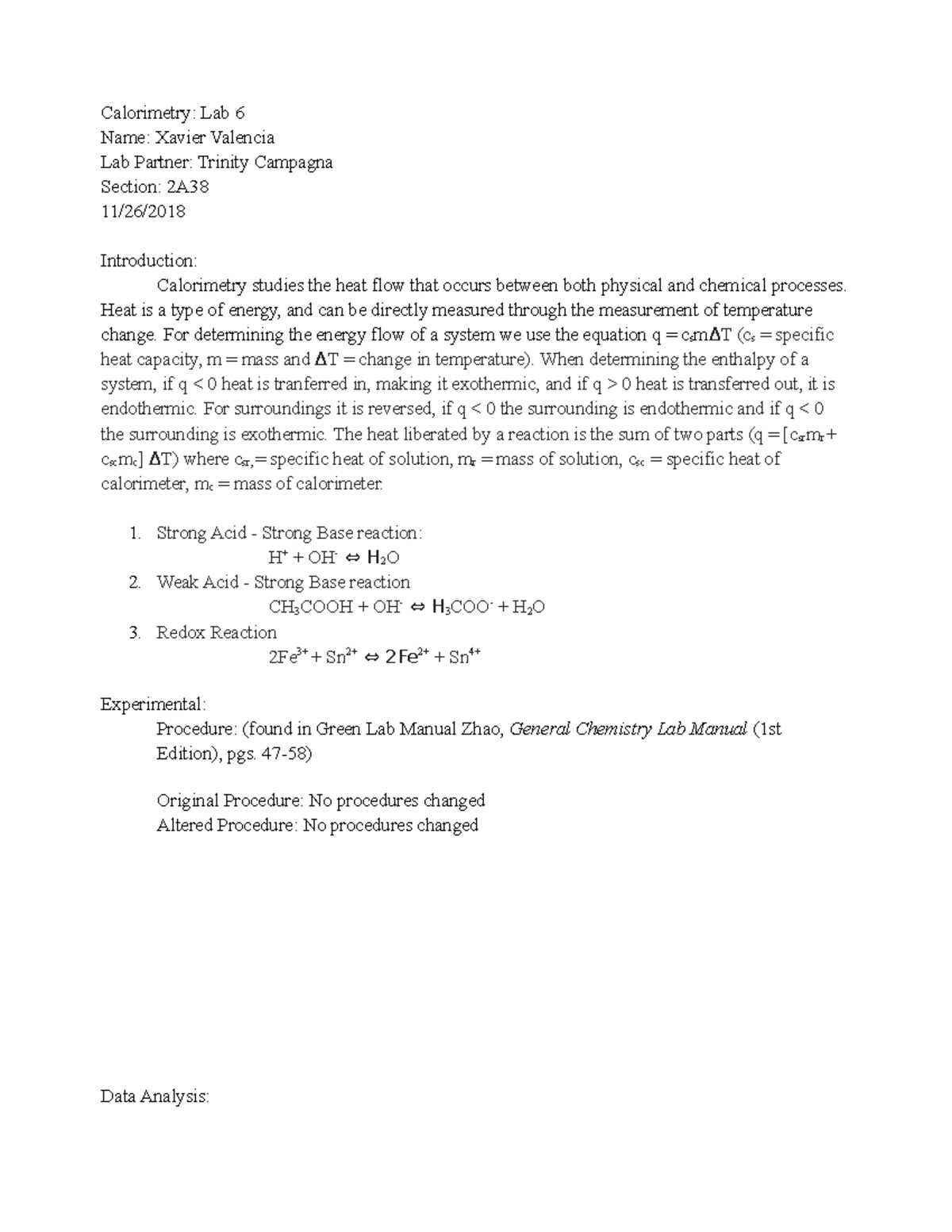 Lab 6 Calorimetry Sixth Lab Calorimetry Lab 6 Name Xavier