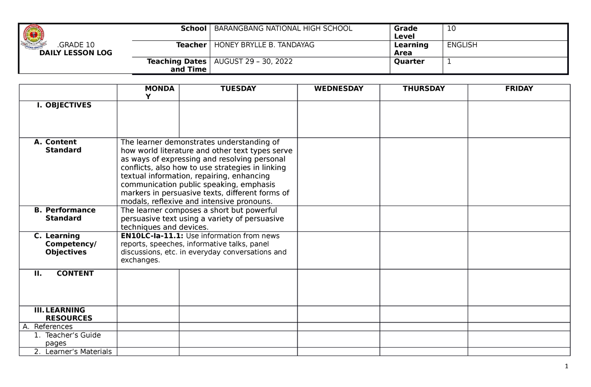 DLL 1 - DLL - .GRADE 10 DAILY LESSON LOG School BARANGBANG NATIONAL ...