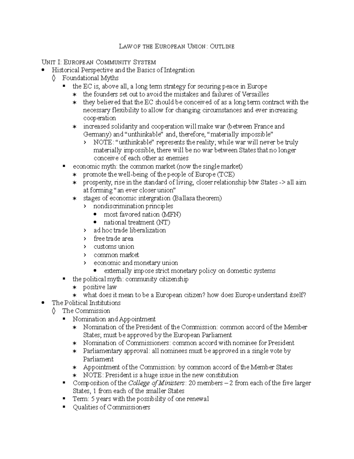 EULaw European Union Law LAW OF THE EUROPEAN UNION OUTLINE UNIT I