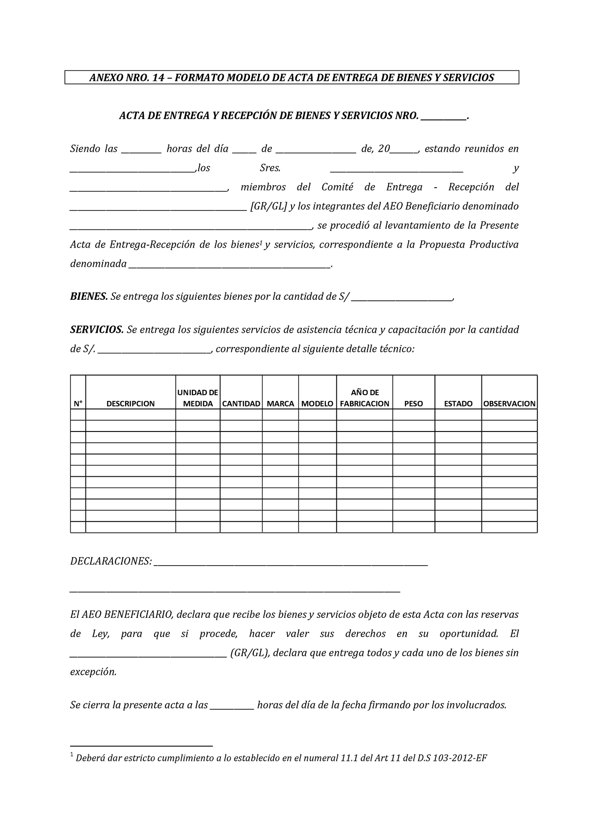 Anexo Nº 14 Acta De Recepcion Anexo Nro 1 4 Formato Modelo De Acta De Entrega De Bienes Y 3304