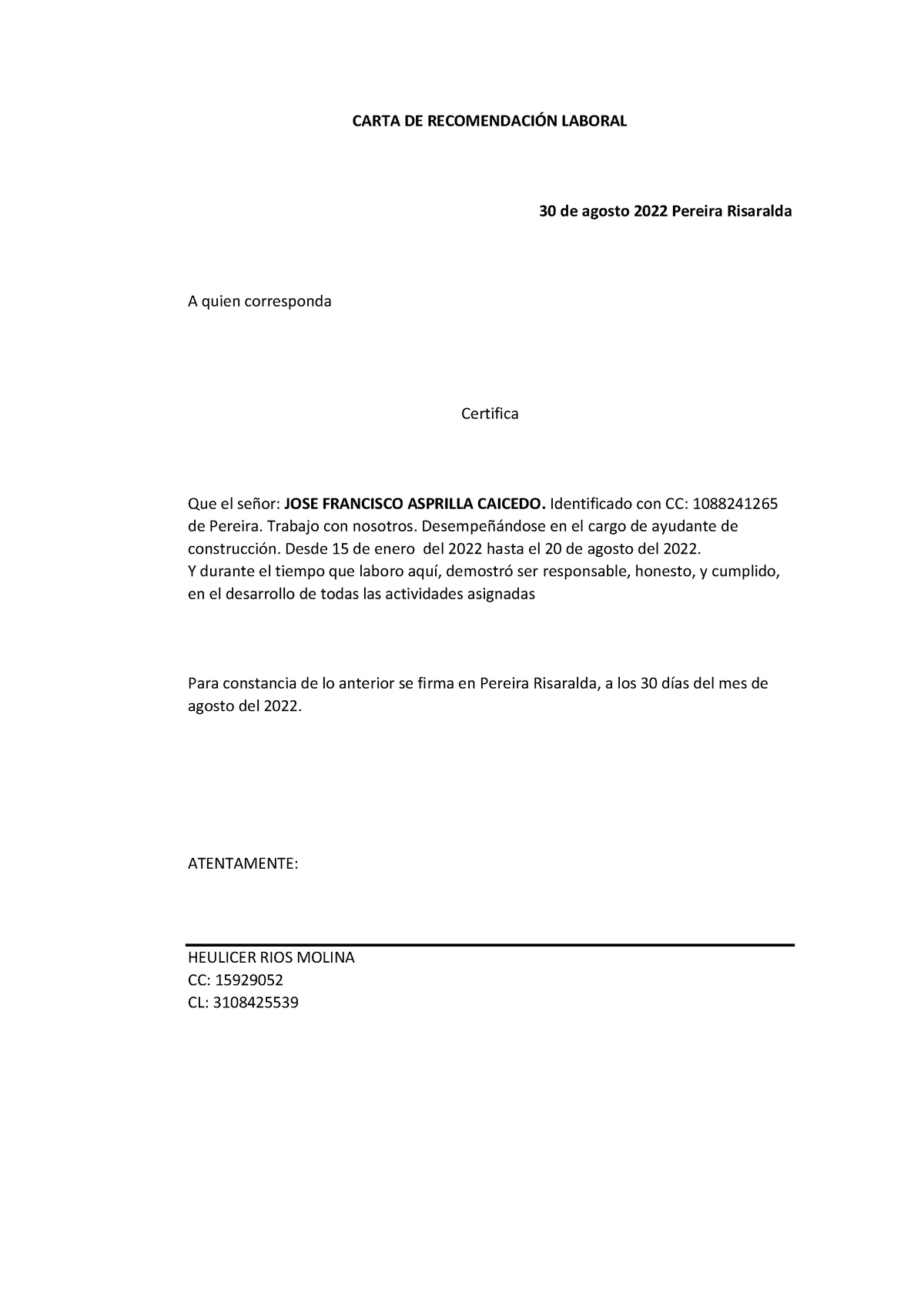 Documento 220901 2015 10 - CARTA DE RECOMENDACI”N LABORAL 30 De Agosto ...