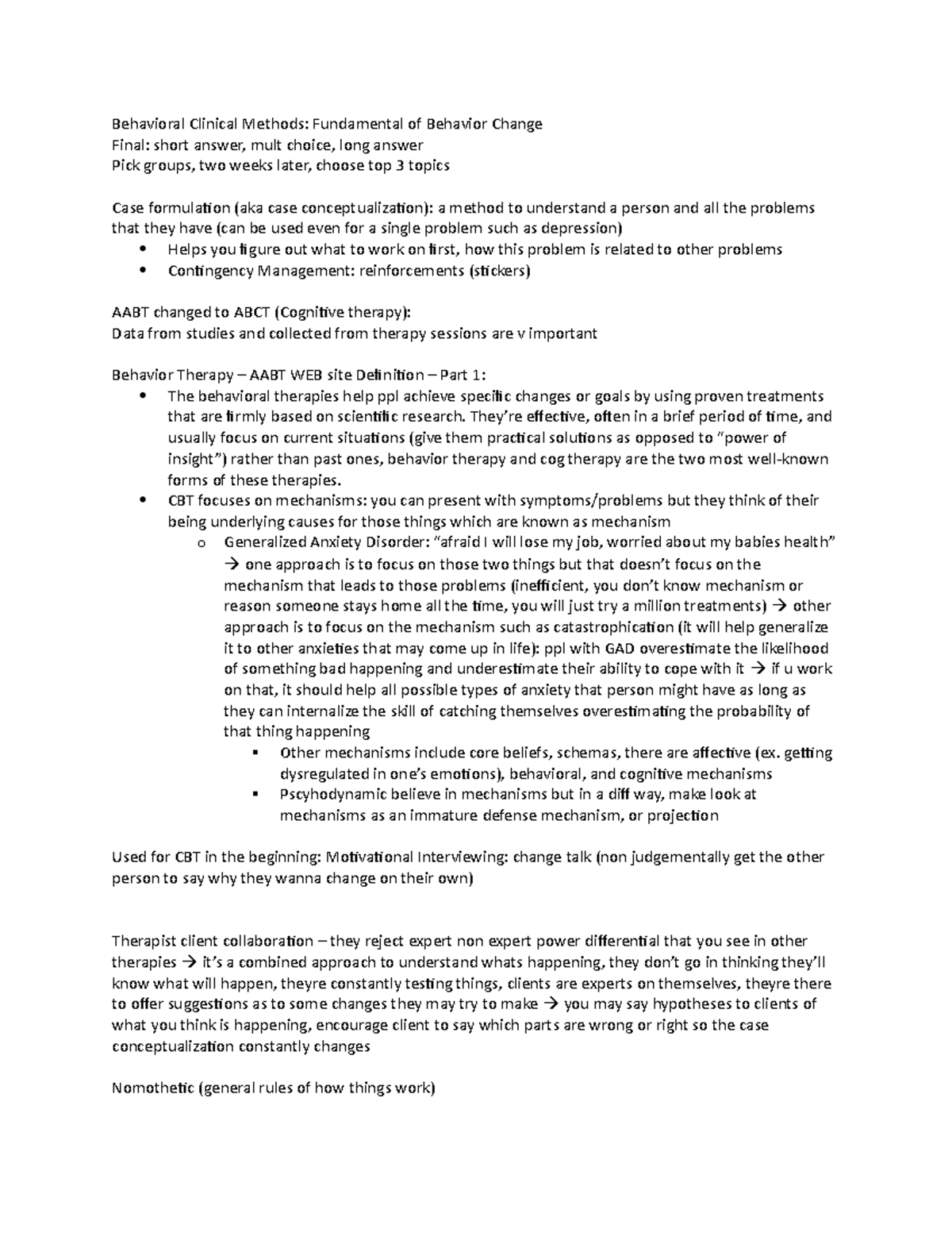 Class 1 Notes - Behavioral Clinical Methods: Fundamental of Behavior ...