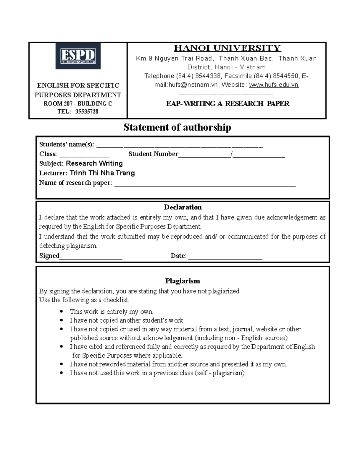 Cover page for EAP Writing - ENGLISH FOR SPECIFIC PURPOSES DEPARTMENT ...