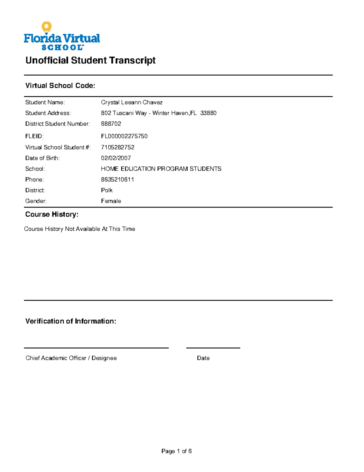 Unofficial Transcript - Student Name: Student Address: 802 Tuscani Way ...