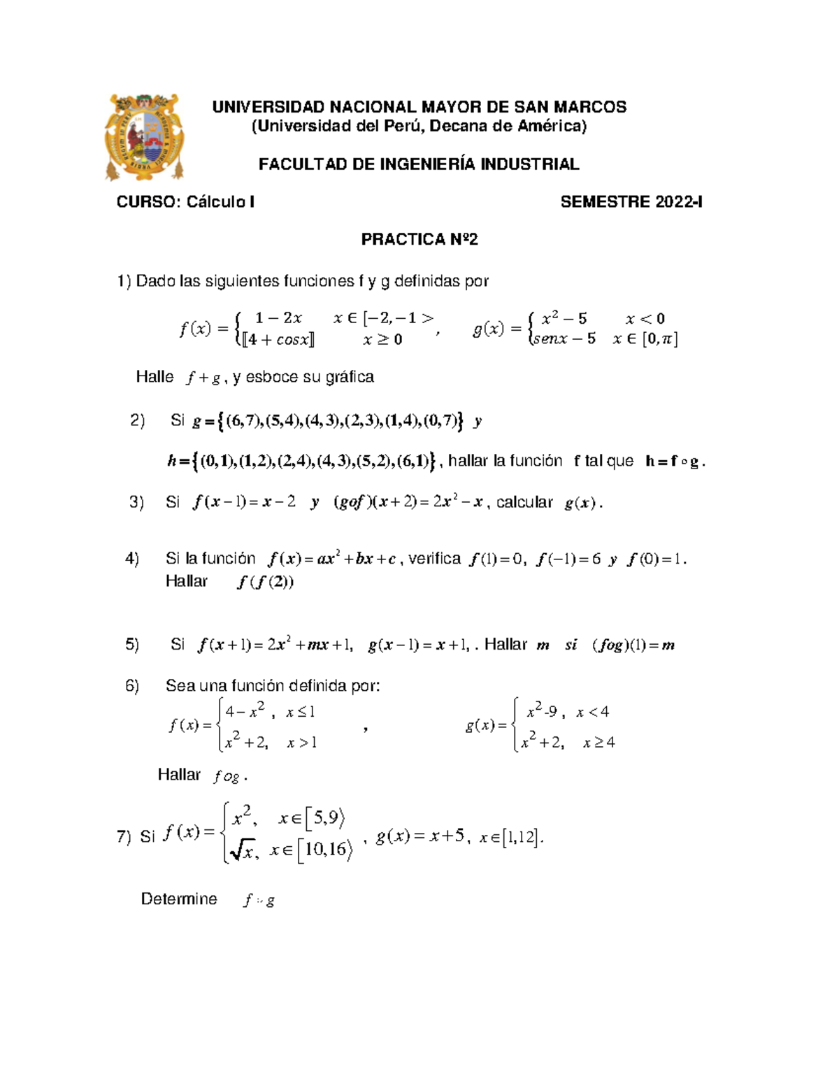 Práctica 2 - Calculo - UNIVERSIDAD NACIONAL MAYOR DE SAN MARCOS ...