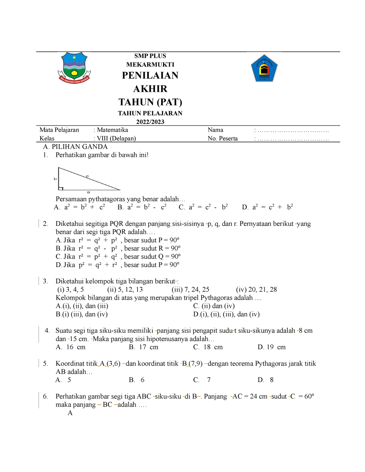 SOAL PAT Matematika -8 - Soal Kelas 8 - SMP PLUS MEKARMUKTI PENILAIAN ...