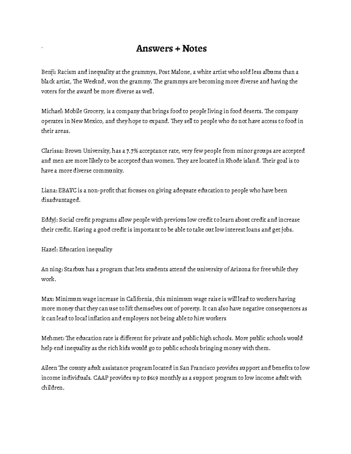 #33 Presentation Notes What's Working - ` Answers + Notes Benji: Racism ...