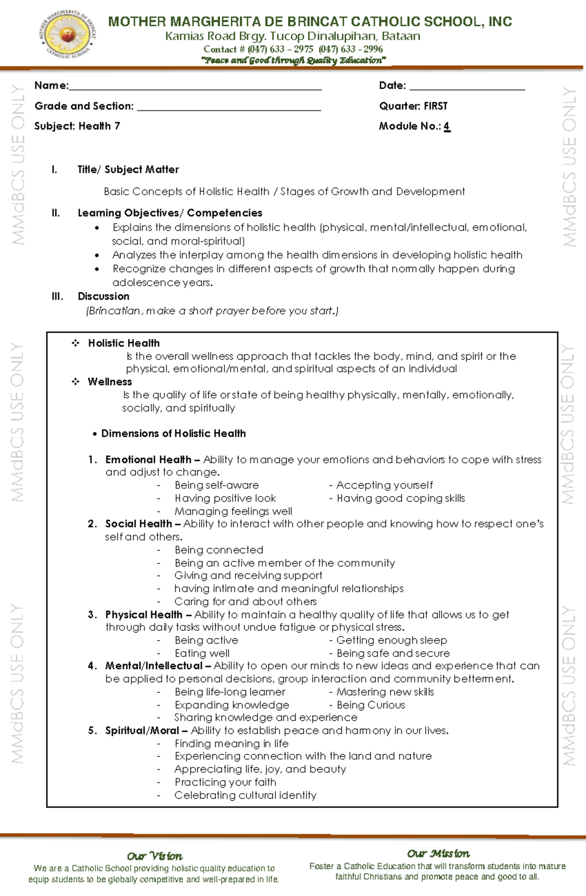 Health 7 Module 4 First Quarter - MOTHER MARGHERITA DE BRINCAT CATHOLIC ...