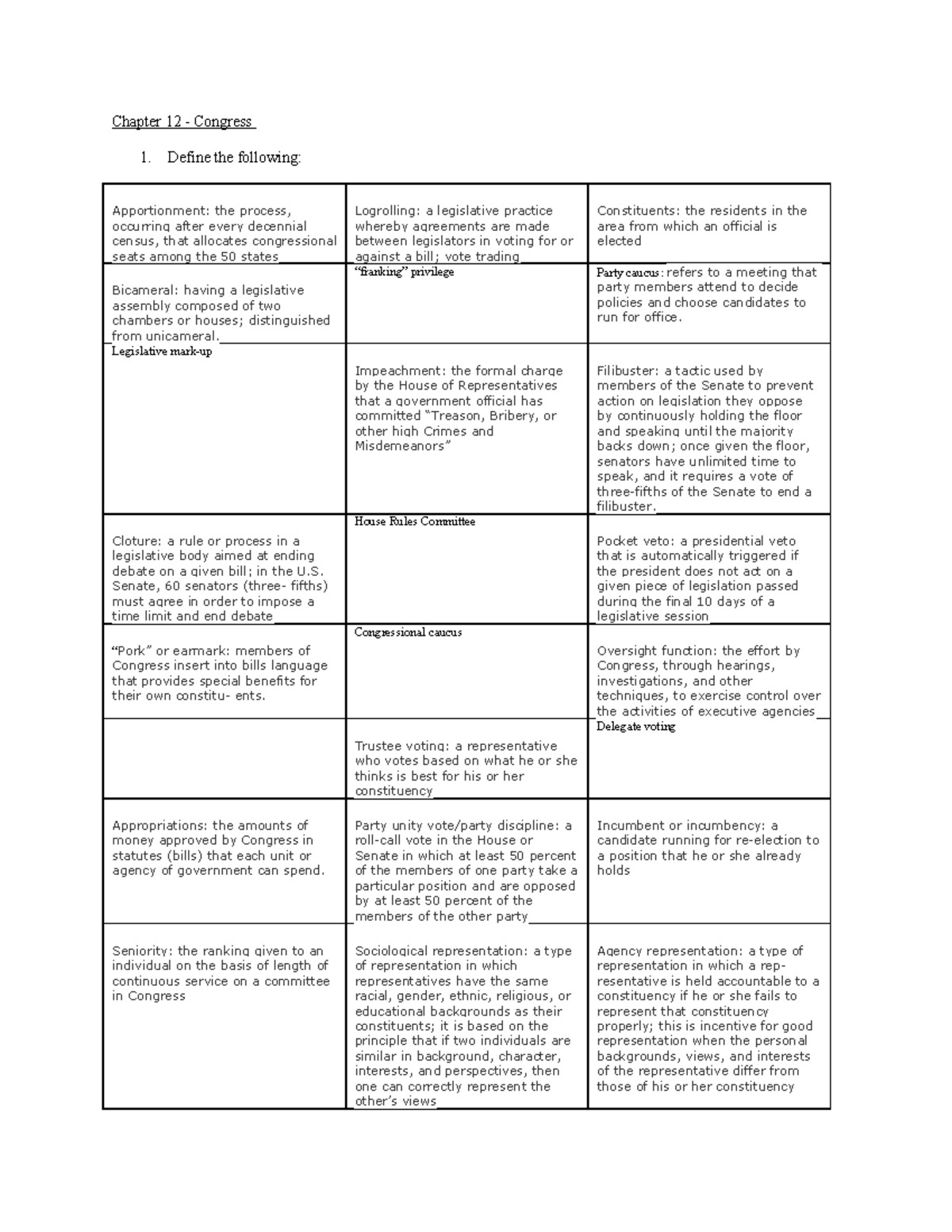 Chapter 12 test 3 - test 3 partial study guide - Chapter 12 Congress 1 ...