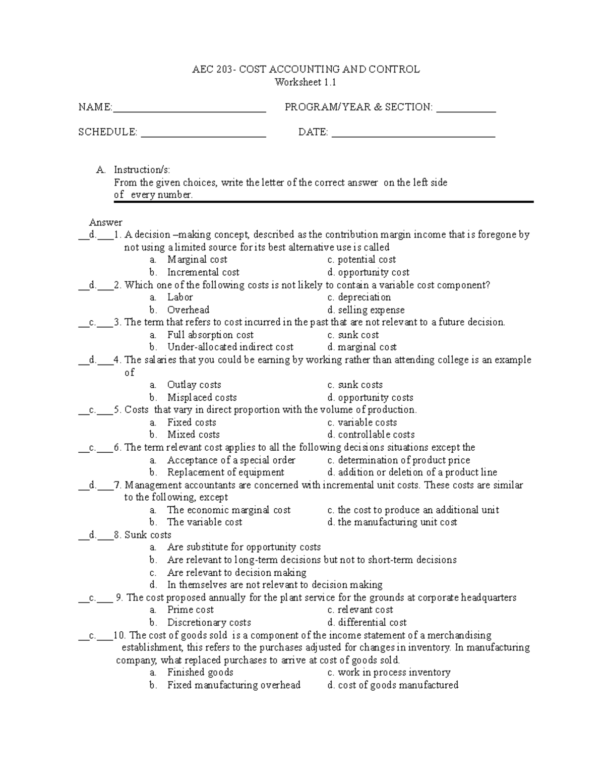 Cost Accounting Activity - Answer Key - AEC 203- COST ACCOUNTING AND ...