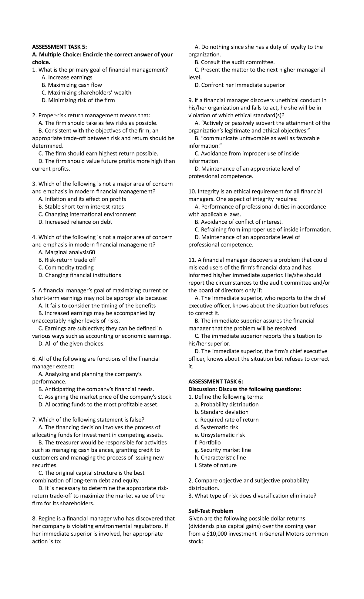 FIN.MGT Assessment TASK 5-7 - ASSESSMENT TASK 5: A. Multiple Choice ...