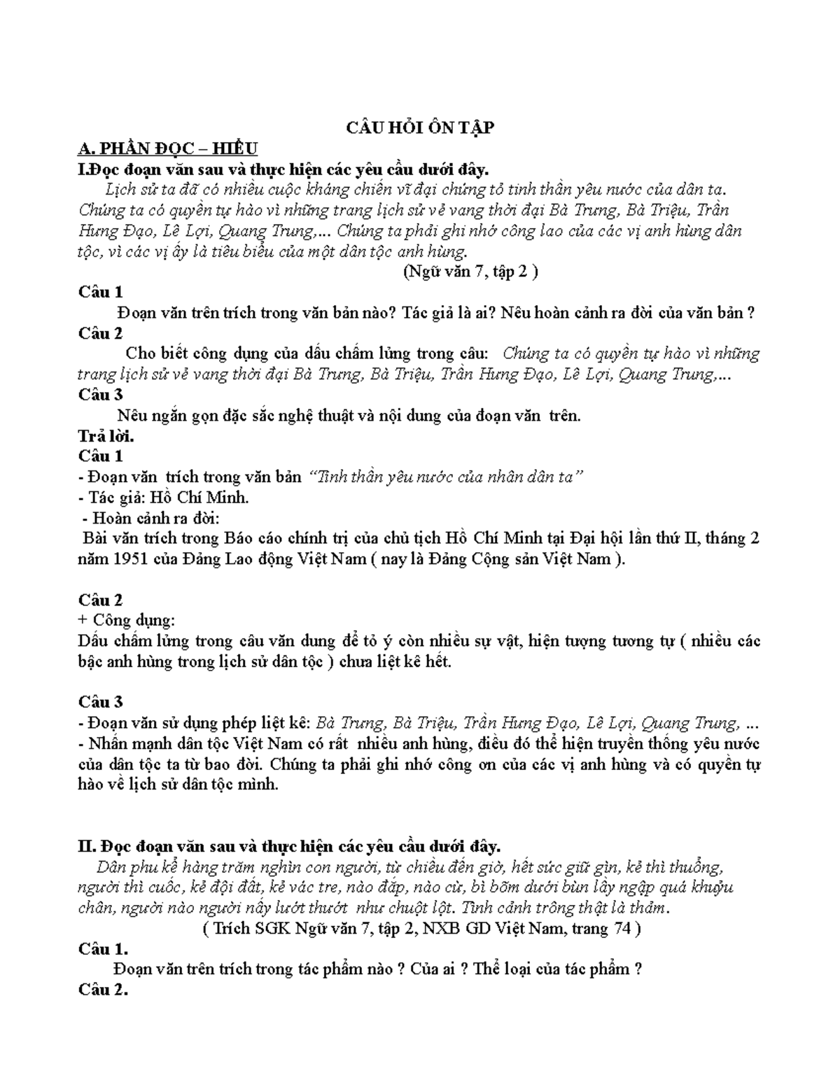 CÂU HỎI ÔN TẬP V7 - NO NO - CÂU HỎI ÔN TẬP A. PHẦN ĐỌC – HIỂU I.Đọc ...