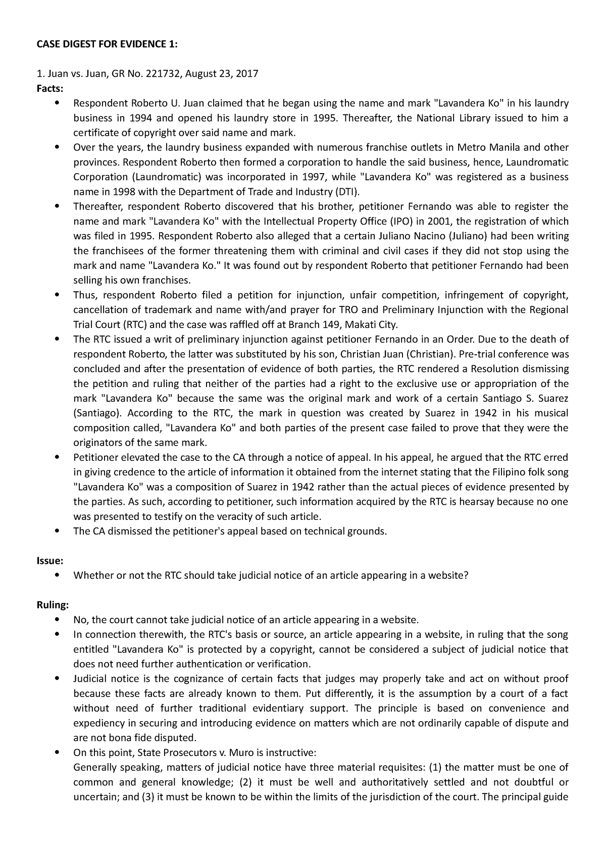 CASE Digest FOR Evidence 1 - CASE DIGEST FOR EVIDENCE 1: Juan vs. Juan ...