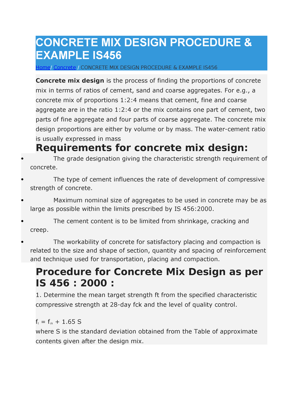 Concrete MIX Design Procedure CONCRETE MIX DESIGN PROCEDURE & EXAMPLE