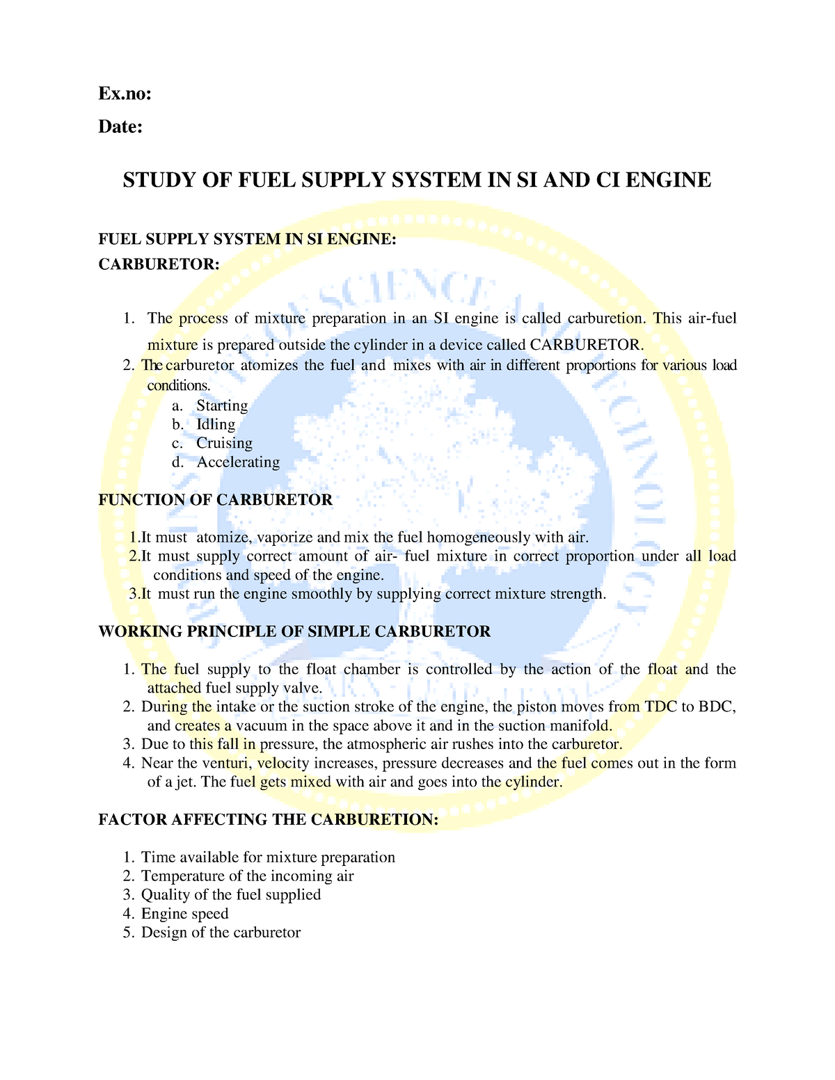 2. Study OF FUEL Supply System IN SI AND CI Engine - Basic Civil And ...