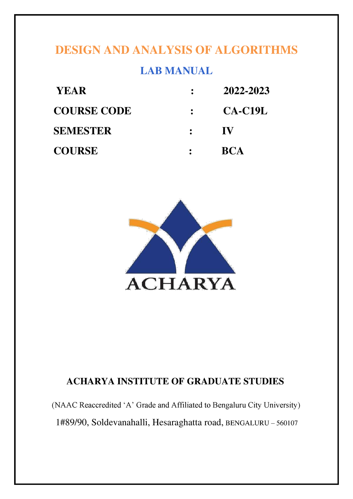 DAA LAB Manual IV SEM NEP 22 23 - DESIGN AND ANALYSIS OF ALGORITHMS LAB ...