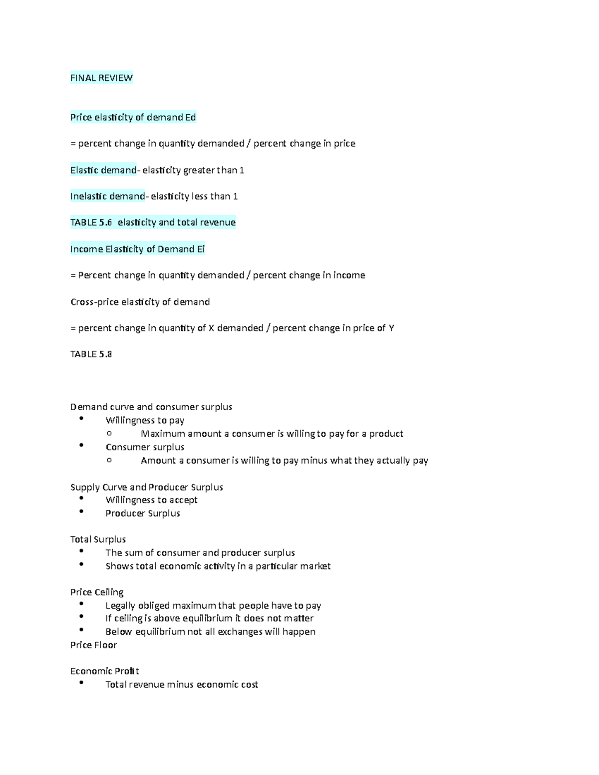 Final study guide - FINAL REVIEW Price elasticity of demand Ed ...