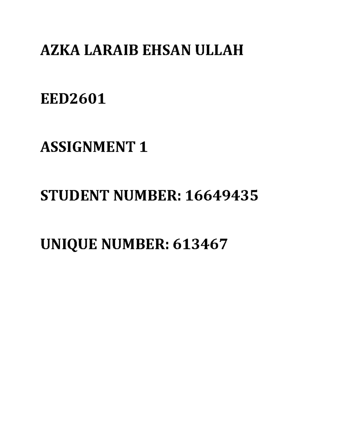 EED2601 assignment 1 - AZKA LARAIB EHSAN ULLAH EED ASSIGNMENT STUDENT ...