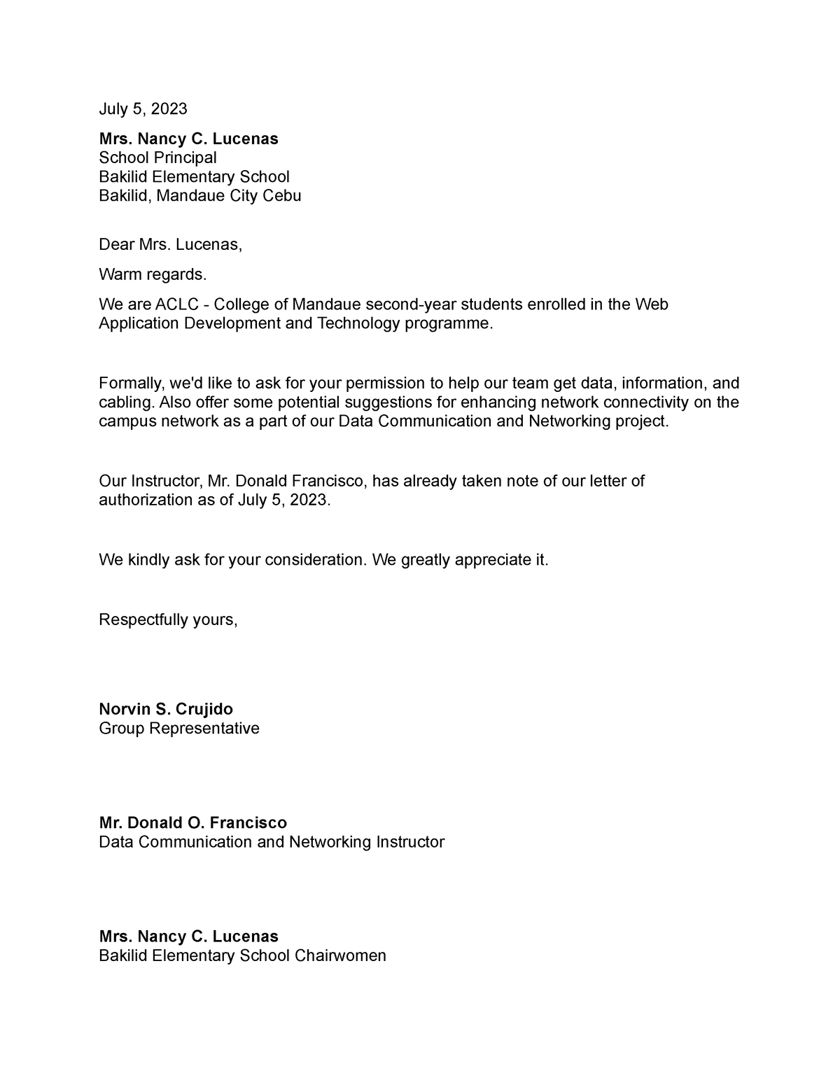 Request Letter - Asdas - July 5, 2023 Mrs. Nancy C. Lucenas School 