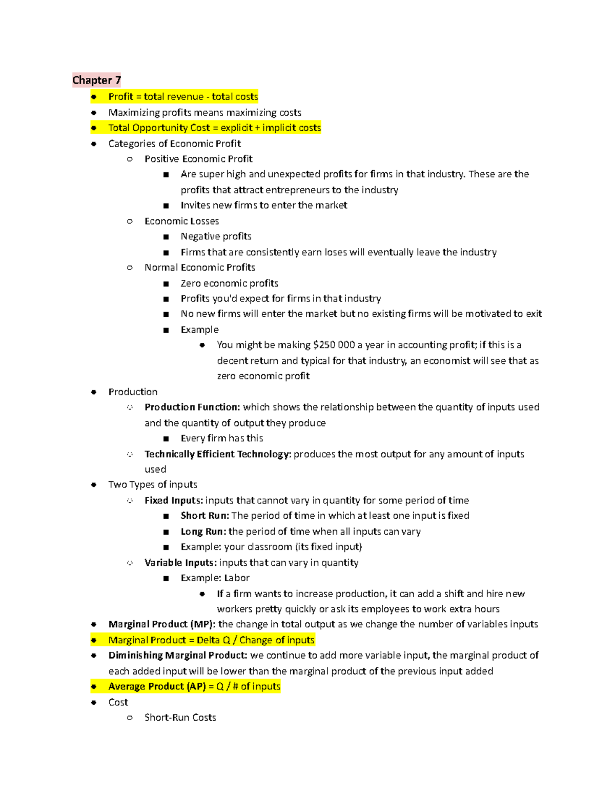 ECON 1B03 - Chapter 7 Notes - Chapter 7 Profit = total revenue - total ...