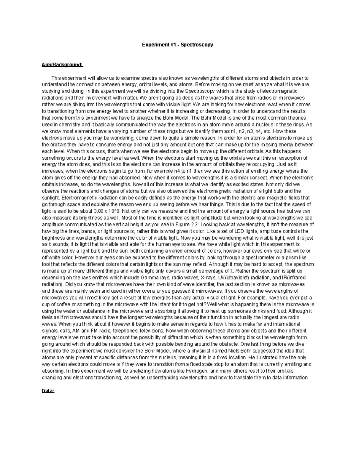 experiment 1 spectroscopy electromagnetic radiation