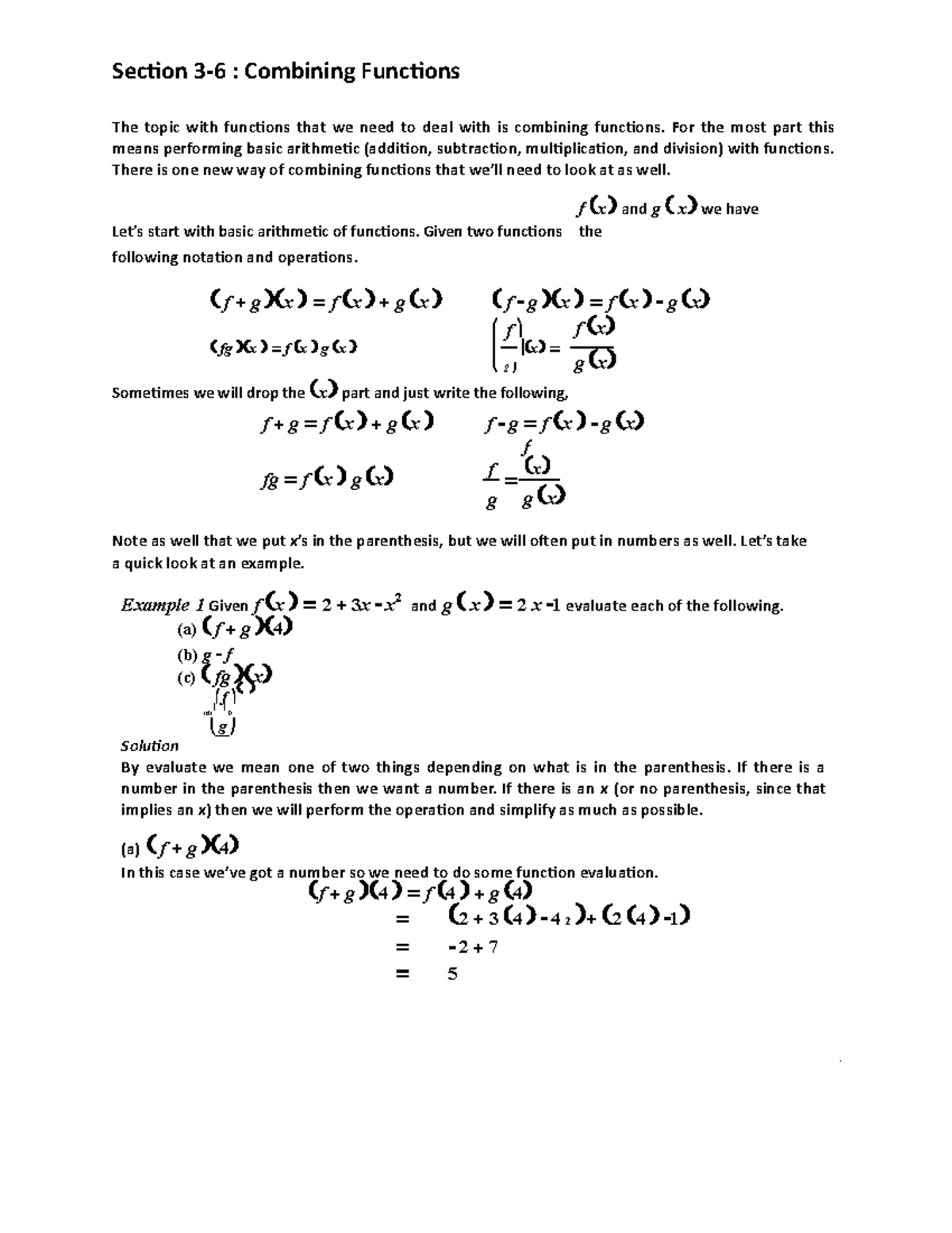 Combining Functions - Section 3-6 : Combining Functions ####### The ...