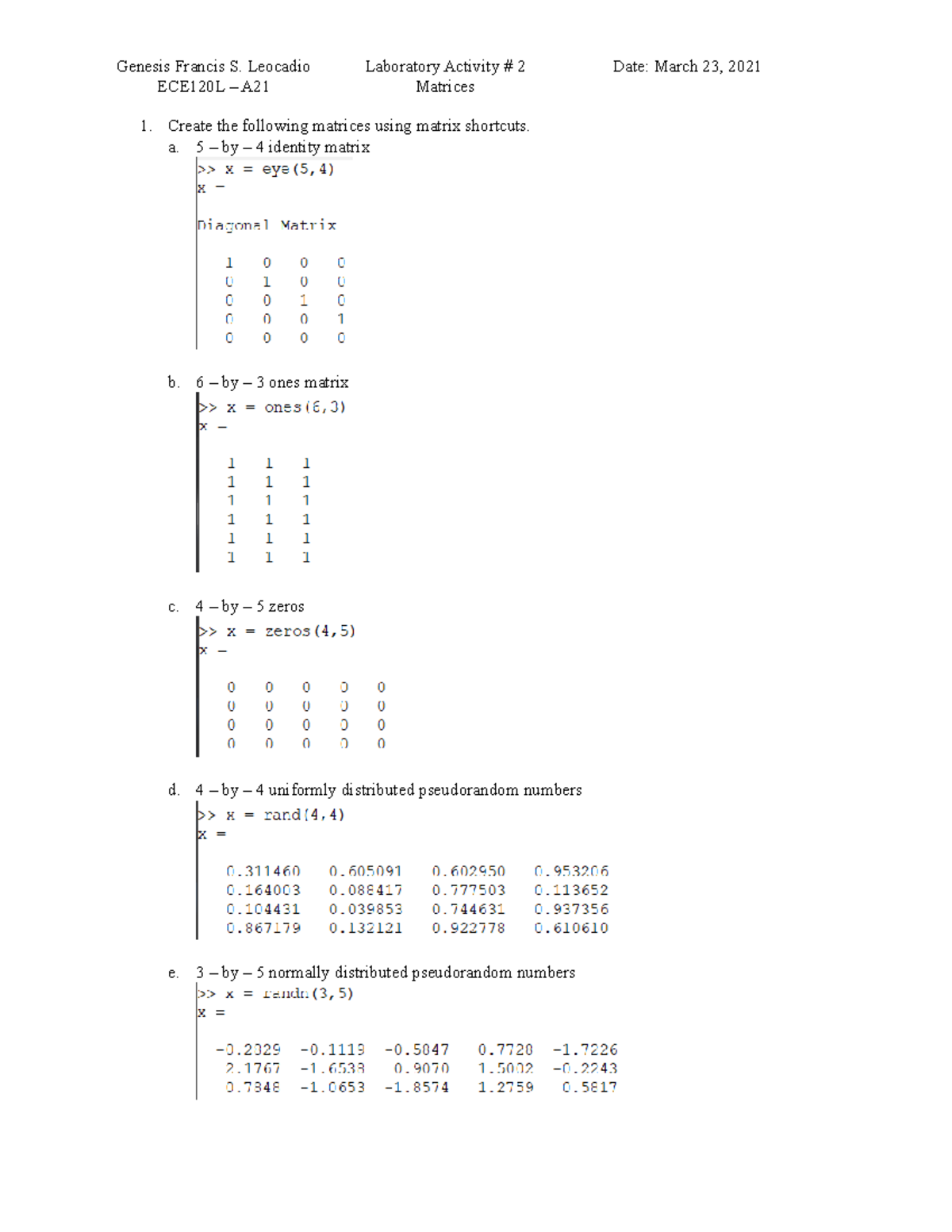 Laboratory Activity 2 - MATRICES - ECE120L – A21 Matrices Create the ...
