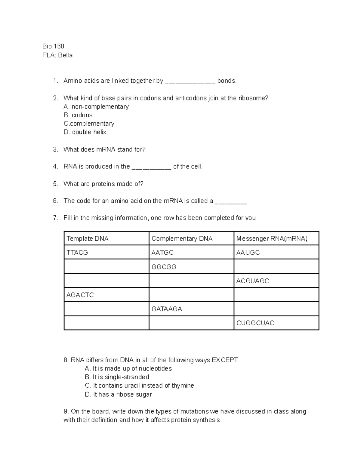 DNA Replication SI Review prior to unit 2 exam Bio 160 PLA: Bella 1 DNA Replication SI Review prior to unit 2 exam Bio 160 PLA: Bella 1