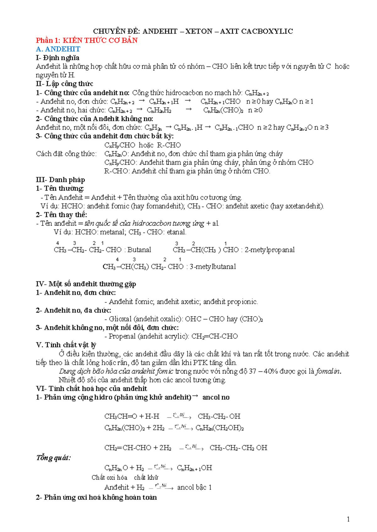 Chuyên ĐỀ Andehit-AXIT Cacboxylic - CHUYÊN ĐỀ: ANDEHIT – XETON – AXIT ...