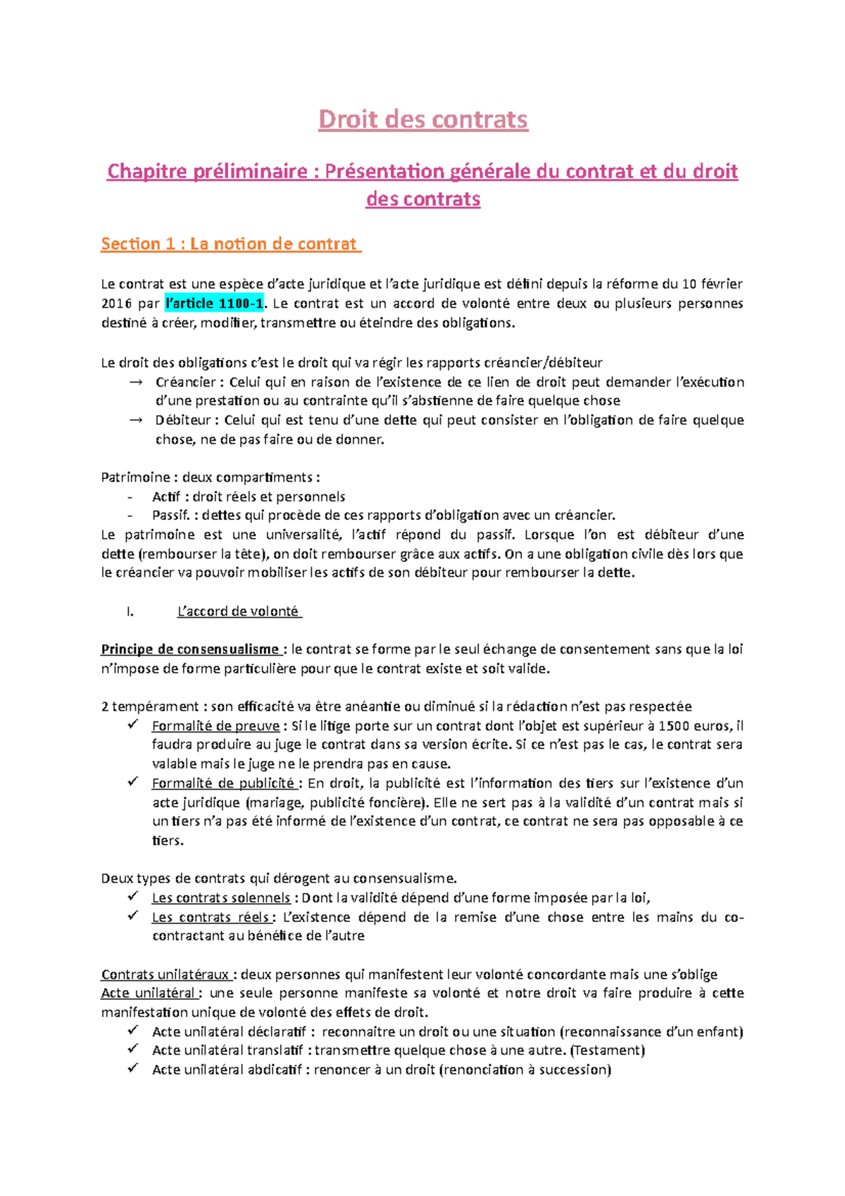 Fiche Droit Des Contrats - Droit Des Contrats Chapitre Préliminaire ...