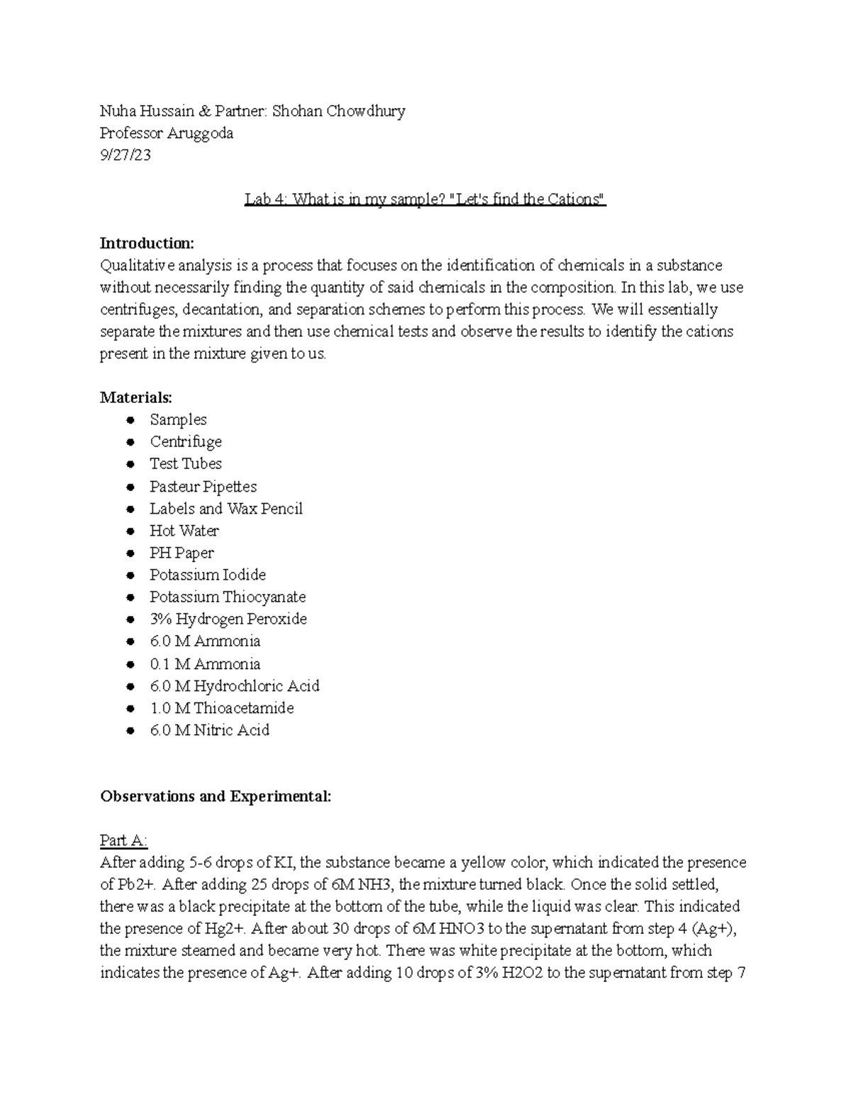 Chem lab 4 - chem lab 4 - Nuha Hussain & Partner: Shohan Chowdhury ...