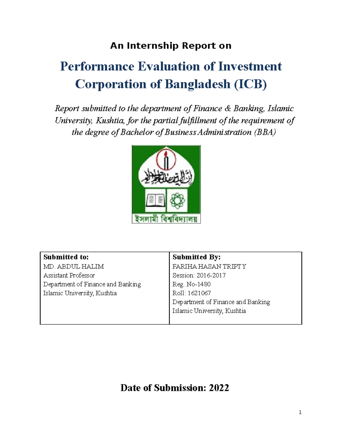 Internship Report on Performance Evaluation of ICB Final - An ...