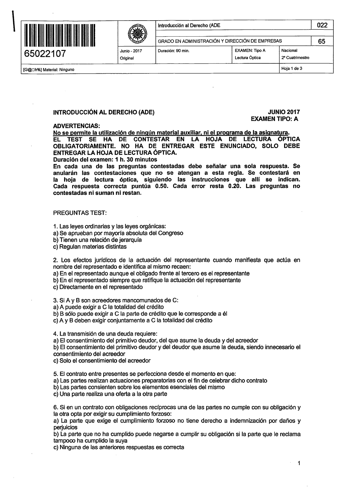 ADE JUN 2017 - EXAMEN DE Introducción Al Derecho ADE JUN 2017 Del Area ...