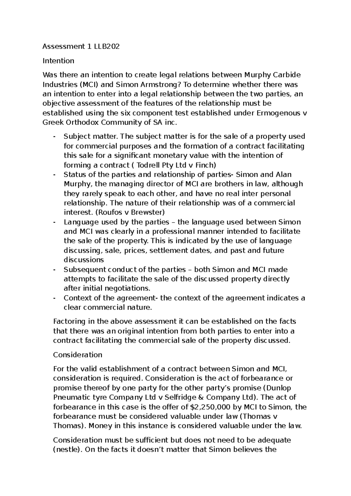 Assessment 1 LLB202 - intention - Assessment 1 LLB Intention Was there ...