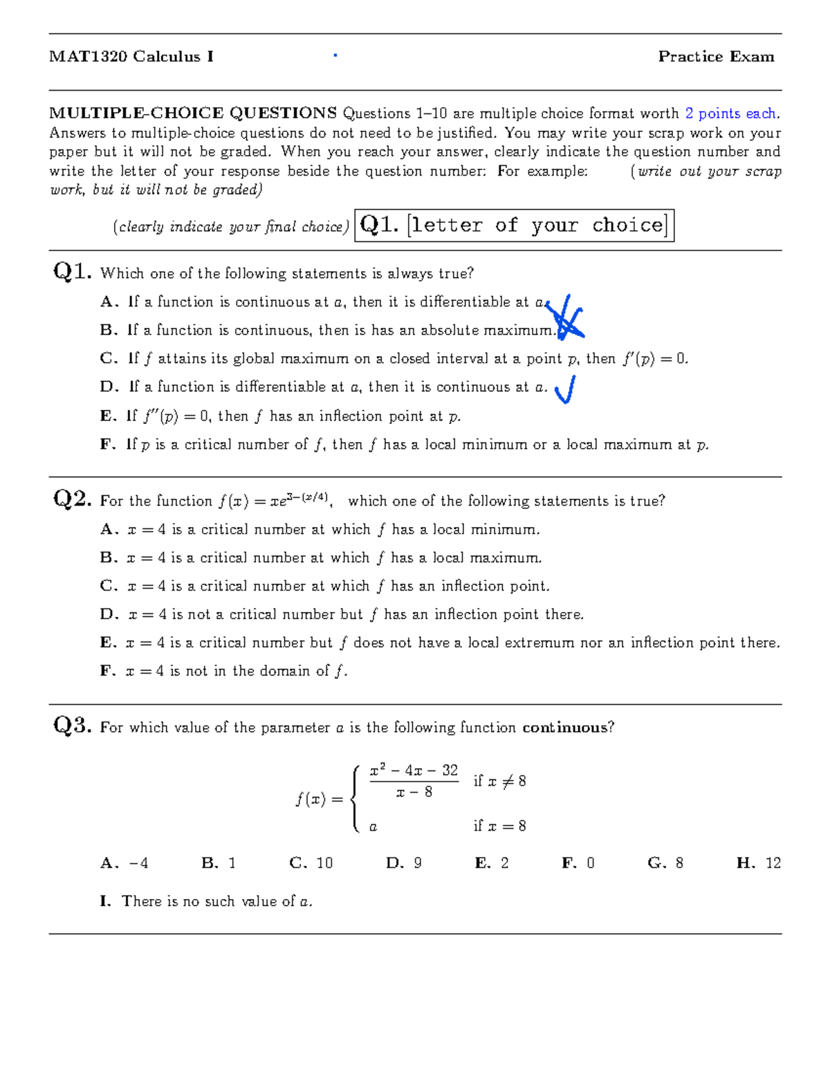 Calc Practice Exam - MAT1320 Calculus I Practice Exam MULTIPLE-CHOICE ...