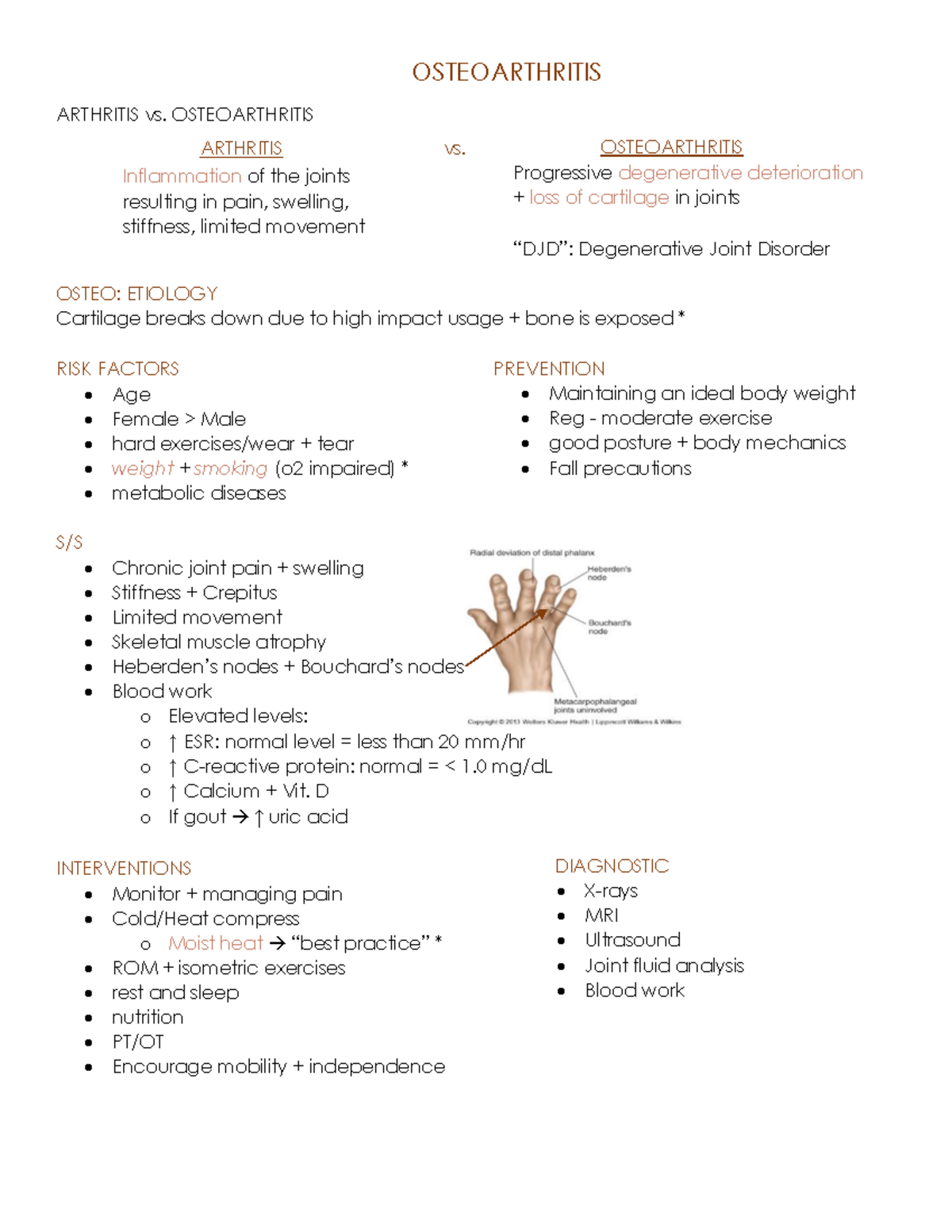 Osteoarthritis Study guide - PREVENTION • Maintaining an ideal body ...