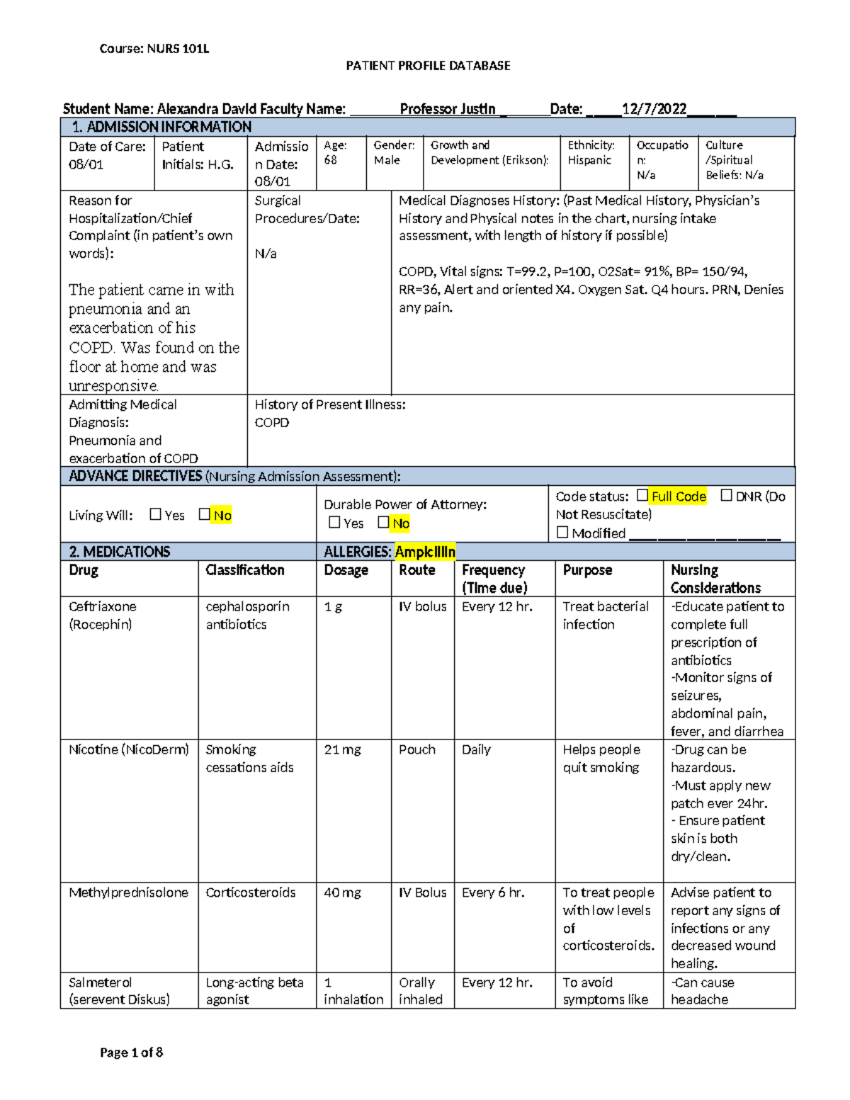 Nurs 101L- Patient Profile Database Form 2 - PATIENT PROFILE DATABASE ...