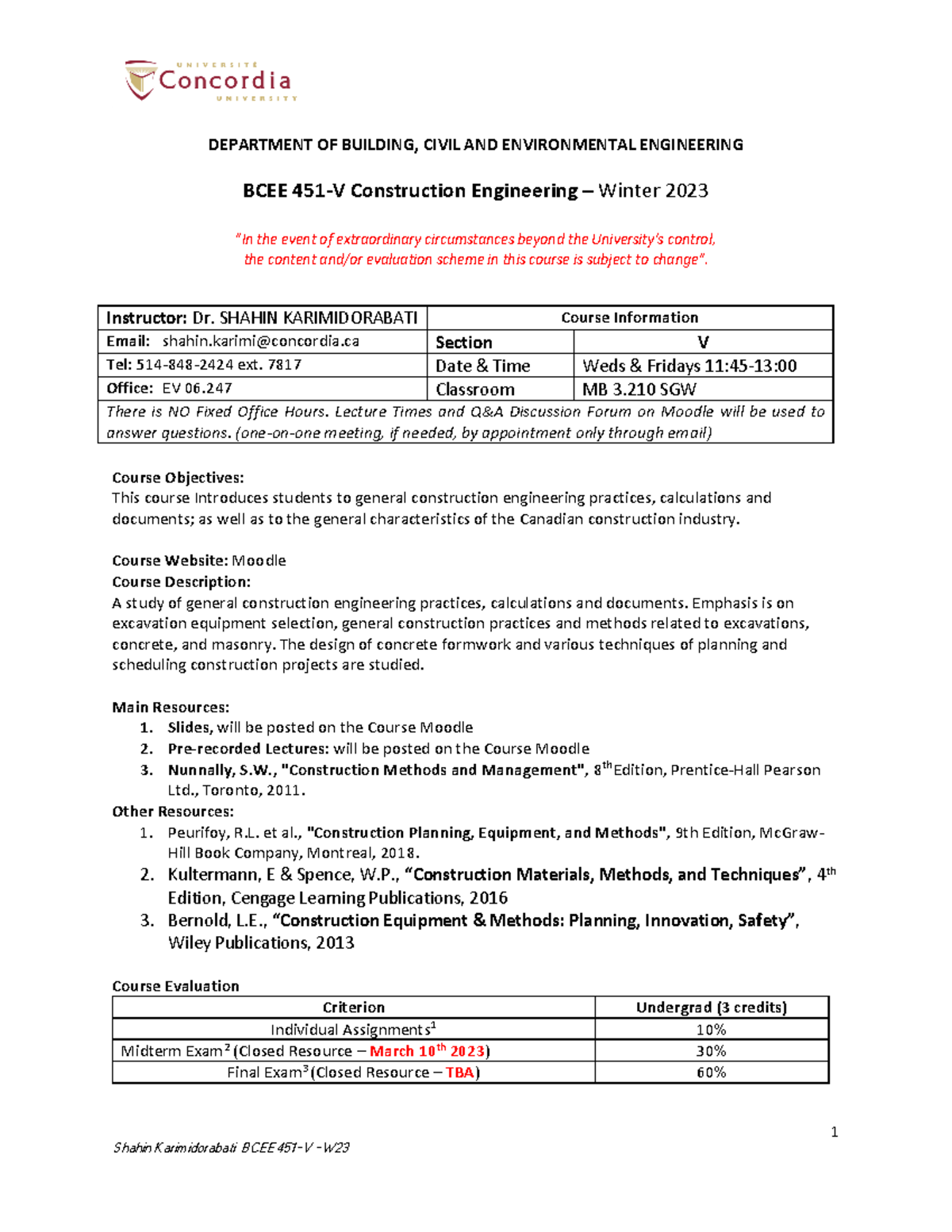 Course Outline BCEE 451 V Winter 2023 - 1 DEPARTMENT OF BUILDING, CIVIL ...