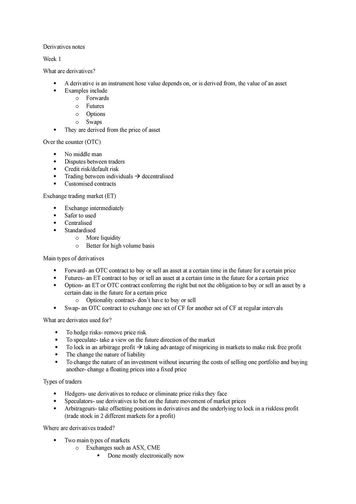 Derivatives notes - Summary Derivative Products And Markets ...