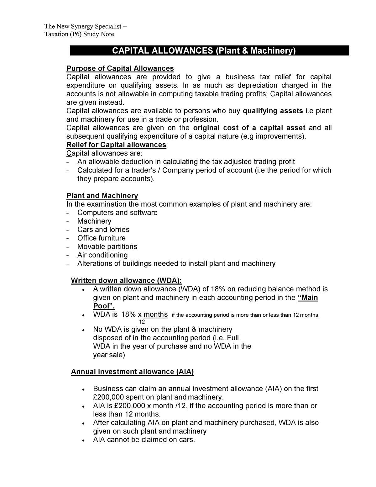 Capital Allowances For Plant Machinery Final Studocu