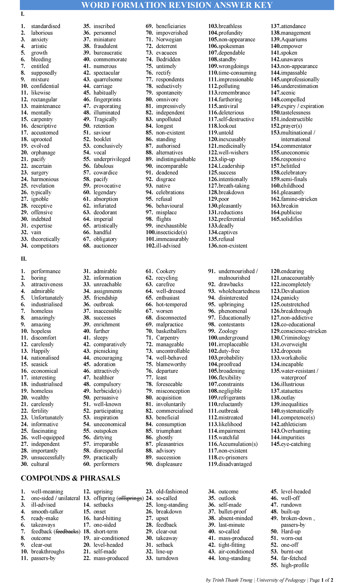 Revision (Word Formation) - Past Papers KEY - WORD FORMATION REVISION ...