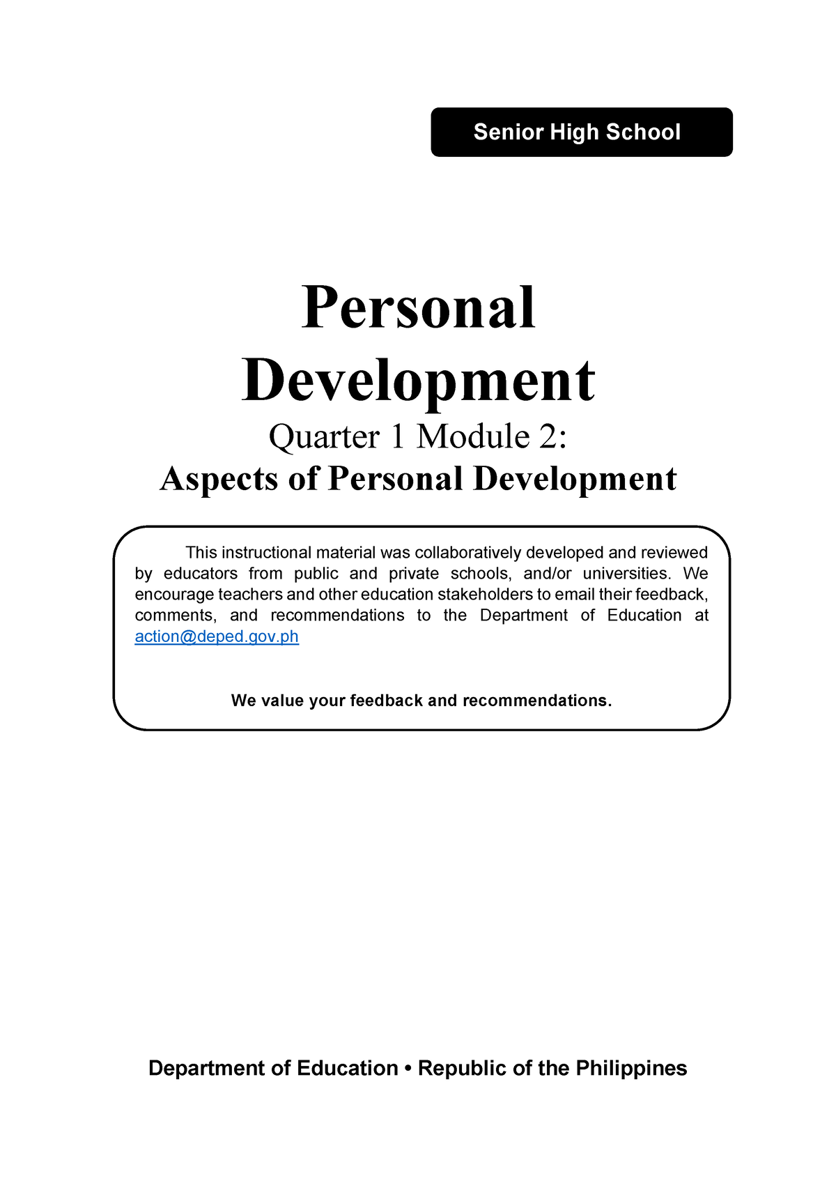 Personal Development Quarter 2 Module 3 Grade 11 Personal Development Quarter 1 Module 2 3085